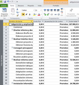 Captura de pantalla con la hoja de tareas en Project y los importes de cada una.
