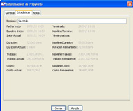 Captura pantalla cuadro diálogo con estadísticas de Openproj.