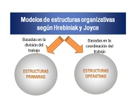 Esquema sobre los distintos modelos de estructuras organizativas según Hrebiniak y Joyce: basados en la división del trabajo –estructuras primarias- y basadas en la coordinación del trabajo –estructuras operativas-.