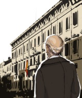 Ilustración de un hombre trajeado y calvo andando de espaldas delante de la fachada del Ministerio de Hacienda.