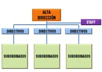 Organigrama representando a un modelo de estructura organizativa lineal y de staff, con Alta dirección, de la que dependen los directivos y de los que dependen los subordinados, y además, anexa a la cadena de mando se encuentra el departamento de staff.