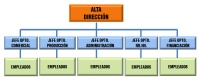 Organigrama representando a un modelo de estructura organizativa funcional, con Alta dirección, de la que dependen los jefes de distintos departamentos (comercial, producción, administración, recursos humanos y financiación) y de los que dependen los empleados.