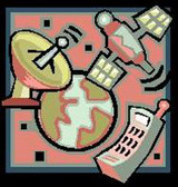 Aparece en el centro de la imagen la bola del mundo y a su alrededor , un teléfono inalambrico, una antena parabolica y un satelite.