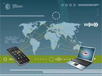 Fondo con un mapa mundial y delante un telefono movil de nueva generación con un ordenador que se comunican.