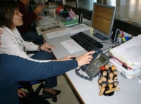 Se observa a dos administrativas desde la parte lateral derecha, una está frente al ordenador y la otra está a punto de descolgar el teléfono.